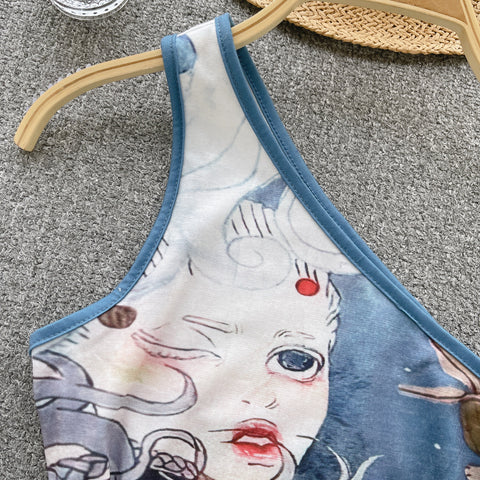 Bizarre Painting Printed One-shoulder Top