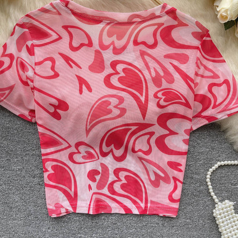 Heart Printed Mesh Bottoming Top