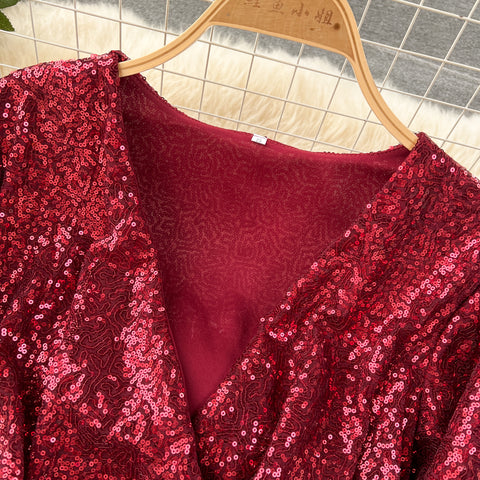 Deep V-neck Sequined Wide-leg Rompers
