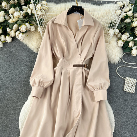 Elegant Solid Color Pleated Trench Dress