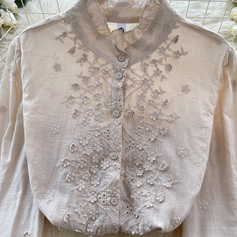 Flared Sleeve Solid Color Embroidered Shirt