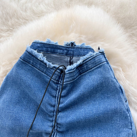 Furry Waistline Split Denim Trousers