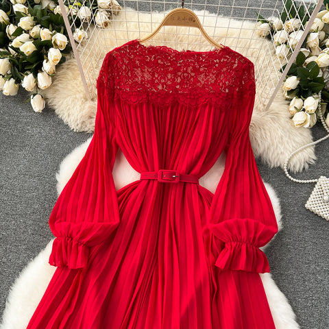 Courtly Solid Color Hollowed Lace Dress