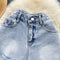 Vintage Furry Trim Straight Denim Shorts