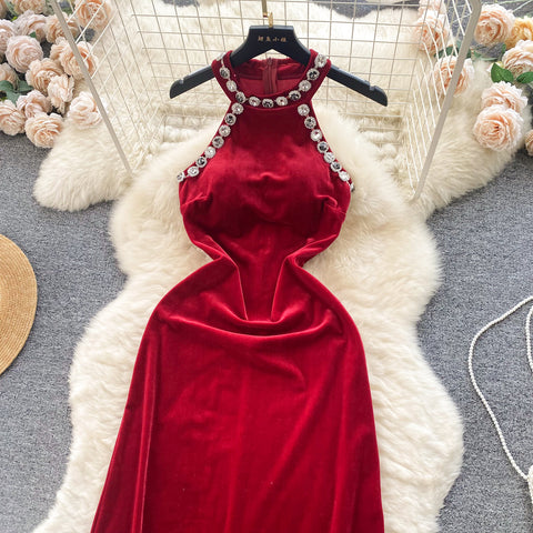 High-end Rhinestone Studded Halter Dress