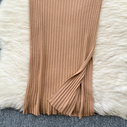 Elastic Solid Color Knitted Halter Dress