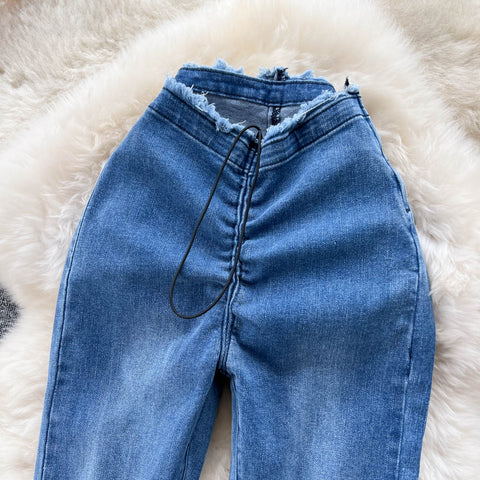 Furry Waistline Split Denim Trousers