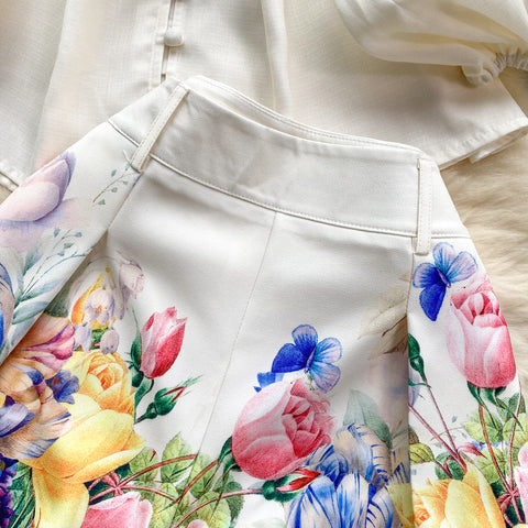 Courtly Floral Printed Shirt&Shorts 2Pcs