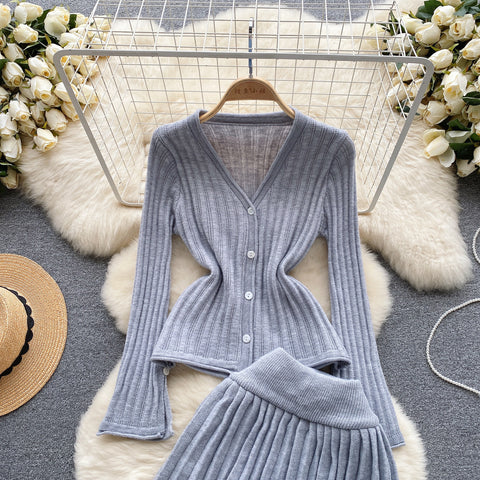 V-neck Cardigan&Pleated Skirt Knitted 2Pcs