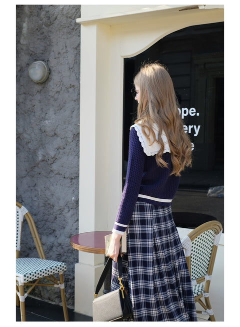 Navy Collar Knitwear&Plaid Skirt 2Pcs