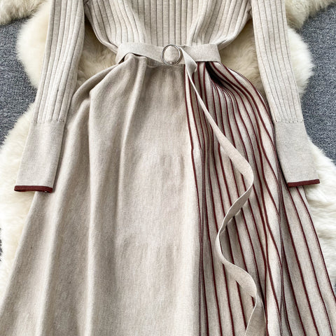 Thermal Striped Knitted Dress with Belt