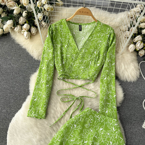 V-neck Top&Split Skirt Floral 2Pcs