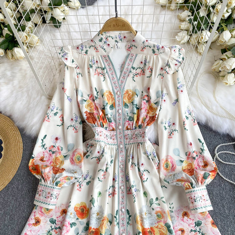 Courtly Floral Printed Ruffled Shirt Dress