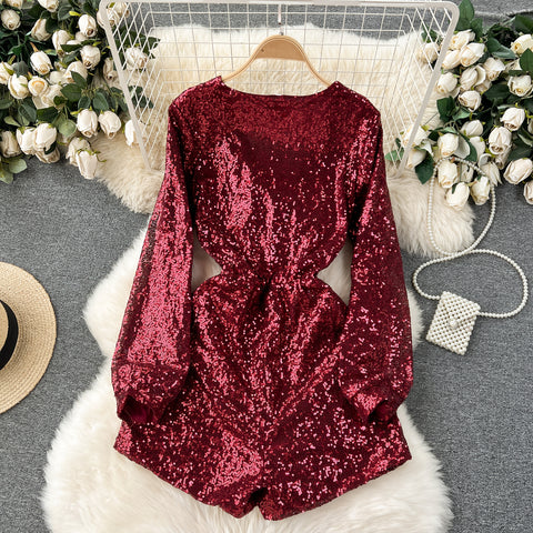 Deep V-neck Sequined Wide-leg Rompers