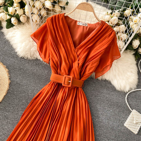 Solid Color Pleated Chiffon Dress