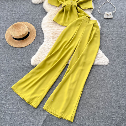 One-shoulder Top&Wide-legged Trousers 2Pcs