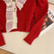 Lace Trim Neckline Christmas Red Cardigan