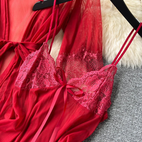 See-through Lace Cardigan&Slip Dress 2Pcs