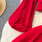 V-neck Top&Pleated Skirt 2Pcs Set