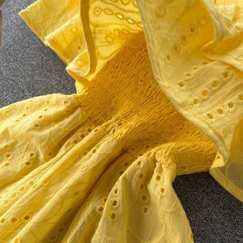 Hollowed Crochet Ruffled Slip Dress
