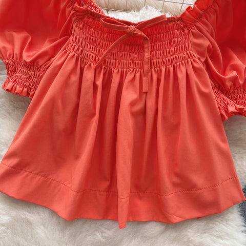 Solid Color Lace-up Pleated Top