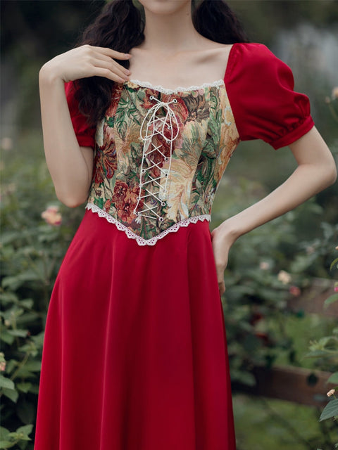 Ethnic Painting Floral Lace-up Dress