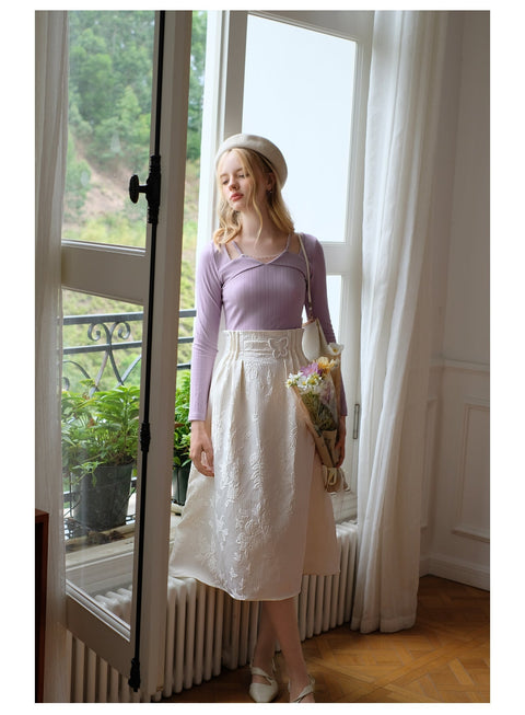 White Jacquard A-line Pleated Skirt