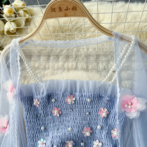 Fairy 3d Flower Mesh Cardigan&Dress 2Pcs