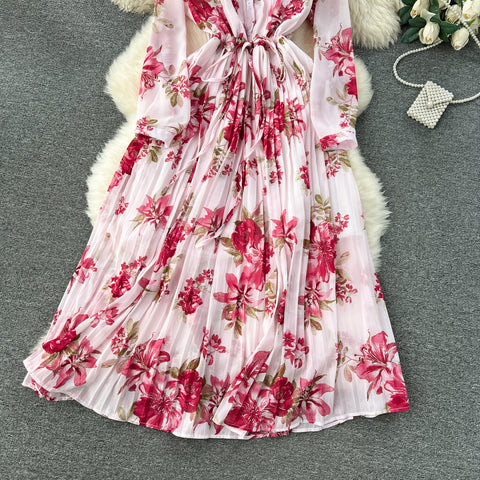 French Style Floral Chiffon Shirt Dress