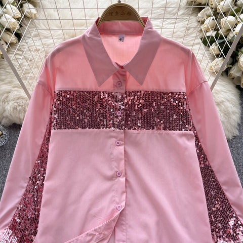 Chic Sequined Patchwork Long-sleeve Shirt