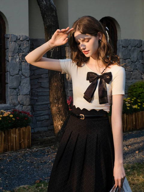 Bow Knitted T Shirt & Black Skirt