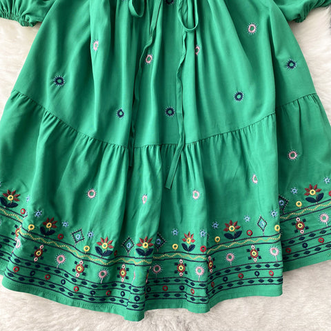Bohemian Embroidered Drawstring Floral Dress