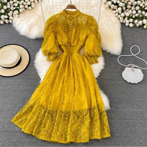 Lace Stand Collar Waist Puff Sleeve Dress
