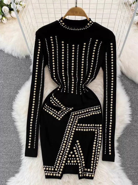 Rhinestone Studded Hip-wrapping Black Dress