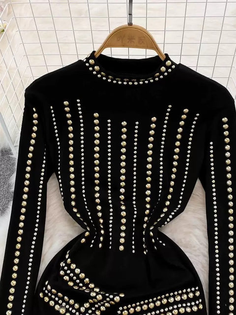 Rhinestone Studded Hip-wrapping Black Dress