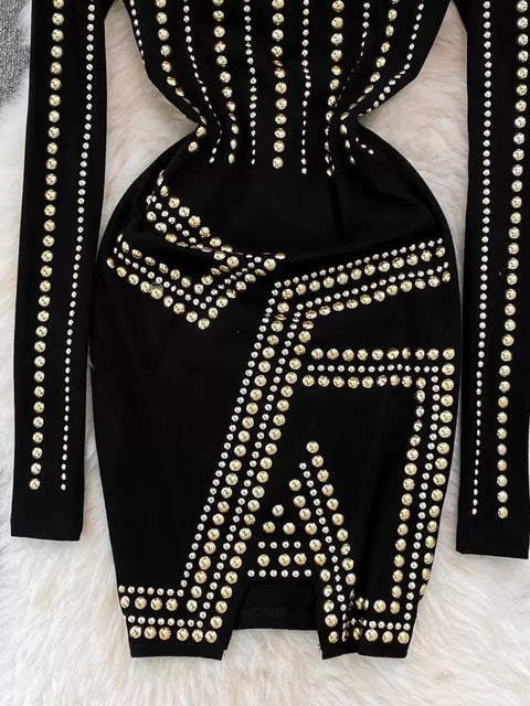 Rhinestone Studded Hip-wrapping Black Dress
