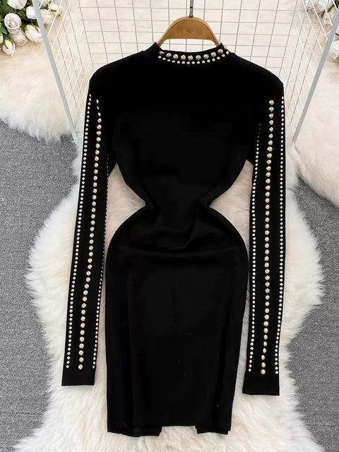 Rhinestone Studded Hip-wrapping Black Dress