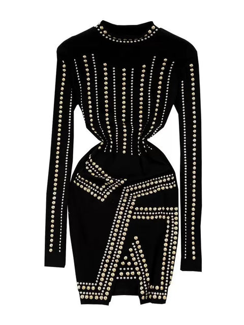 Rhinestone Studded Hip-wrapping Black Dress