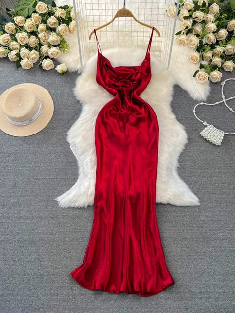 Elegant Hollowed Satin Slip Dress