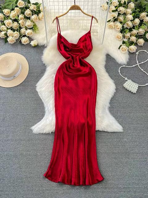 Elegant Hollowed Satin Slip Dress
