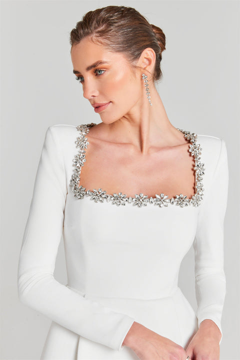 Beaded Square Neckline Velvet Dress