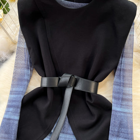 Patchwork Mesh Top&Black Skirt 3Pcs