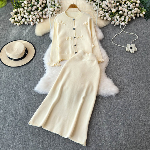 Bow Cardigan&Slim-fit Skirt 2Pcs