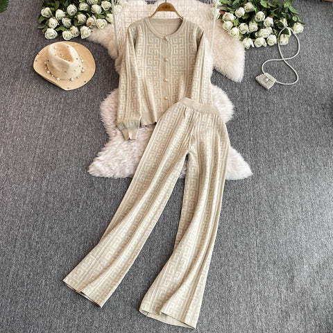 Crochet Cardigan&Wide-leg Trousers 2Pcs