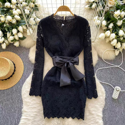 V-neck Embroidered Flocked Lace Dress