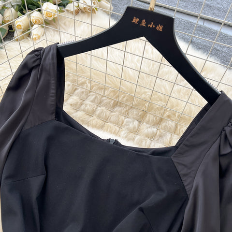 Square Neckline Patchwork Black Dress