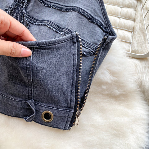 Halter Top&Hip-wrapping Skirt Denim 2Pcs