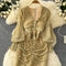 V-neck 3D Floral Ruffled Gold Dress