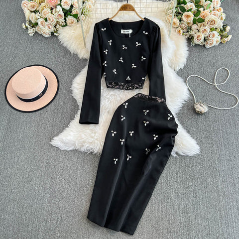 Rhinestone Studded Sweater&Skirt 2Pcs
