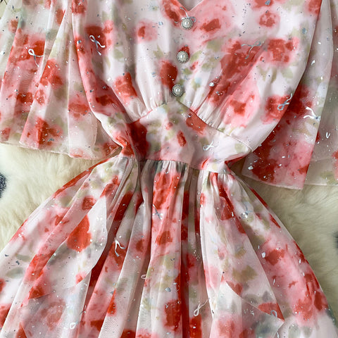 Sequined Floral Printed Ruffled Dress